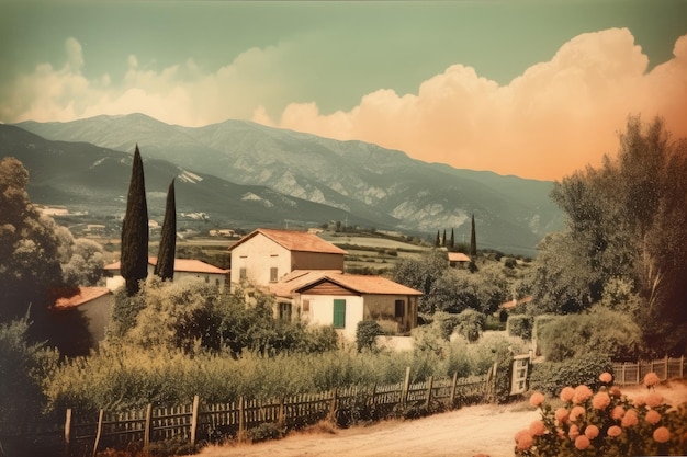 Retro Italiaans landschapsmening Huis Europees Genereer Ai