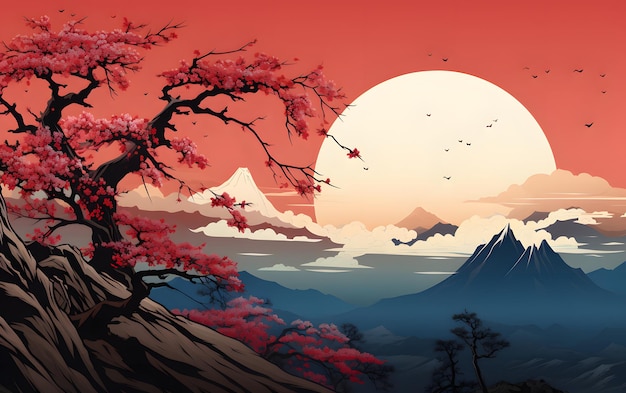 Retro Japanese tadition landscape illustration