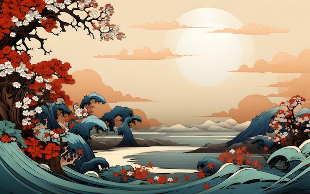 Ретро-японская иллюстрация пейзажа