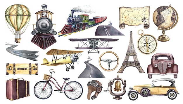 A retro journey A set with vintage transports Clip art of watercolor illustrations made by hand