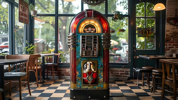 Retro Jukebox in een s Diner met geruite vloeren en Vintage Decor Concept Vintage Diner Retro jukebox geruitevloeren 1950s Decor