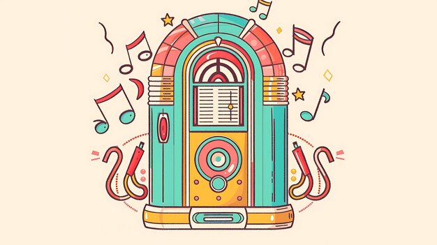 Photo a retro jukebox with a blue body red accents and yellow knobs the jukebox is playing music and there are musical notes floating around it