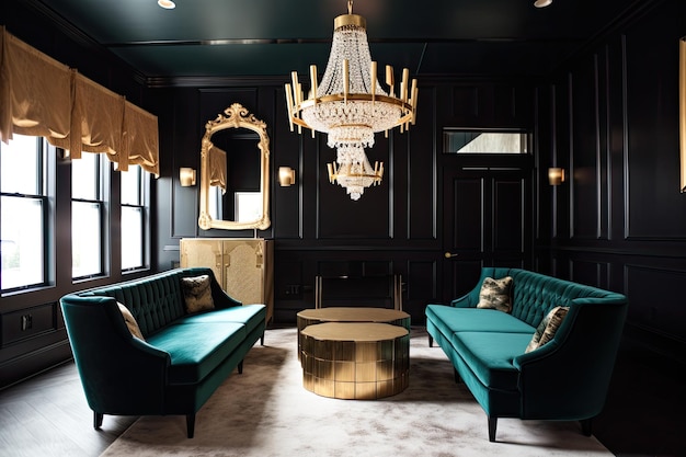 Retro kamer met fluwelen stoelen, kristallen kroonluchter en gouden accenten