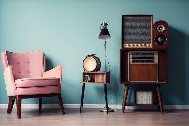 Retro kamer met gezellige leunstoel boekenplank en vintage radio