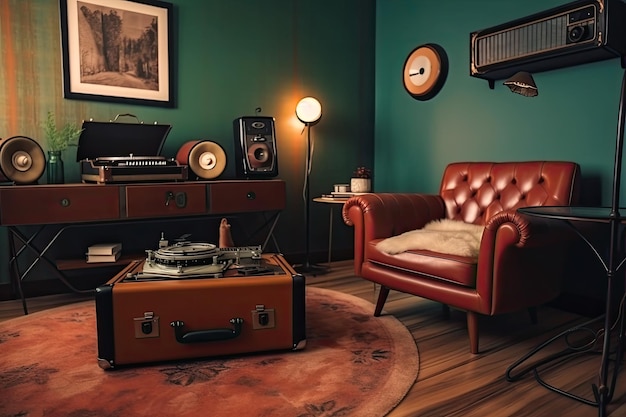 Retro kamer met lederen lounge vintage schrijfmachine en platenspeler