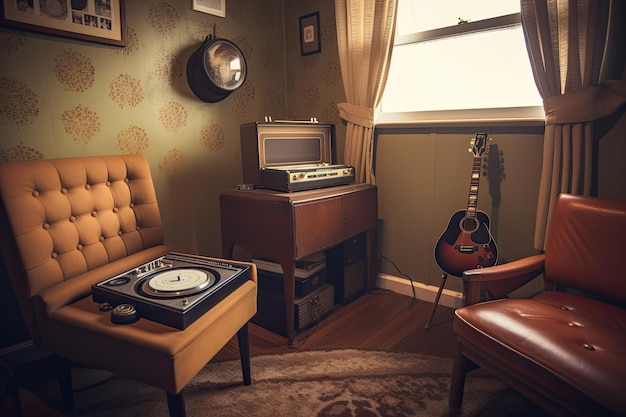 Retro kamer met lederen lounge vintage schrijfmachine en platenspeler