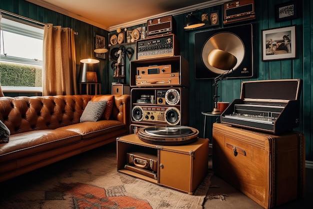 Foto retro kamer met platenspeler vinyl platen en lederen chesterfield bank