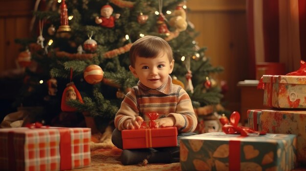 retro kerstkinderen en geschenken bij de kerstboom