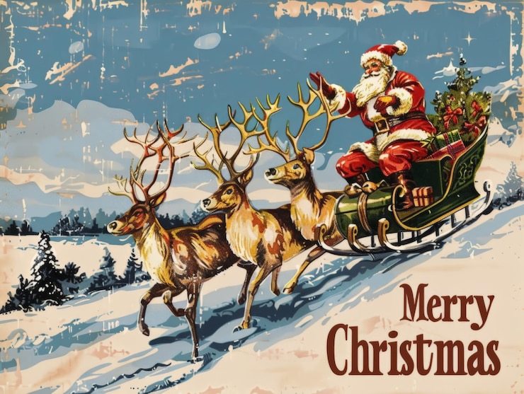 Foto retro kerstman en rendieren in een besneeuwd landschap