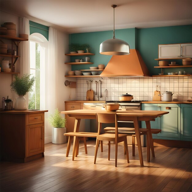 Retro kitchen empty light interior with wooden table furniture and appliances