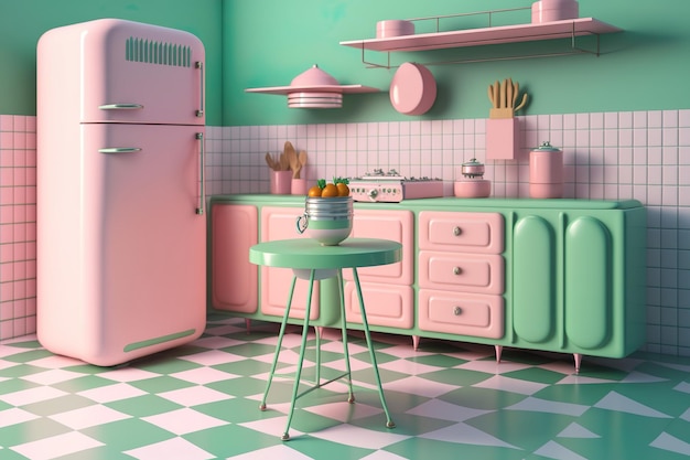 Retro Kitchen Interior with refrigerator counters and dining table cozy home with vintage decoration Generate AI