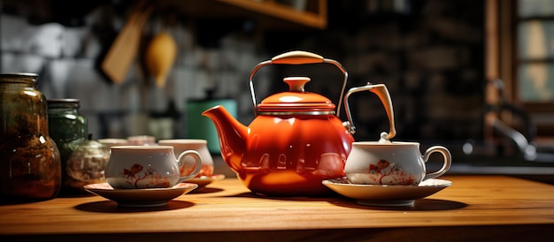 Retro kitchen set with teapot and cups