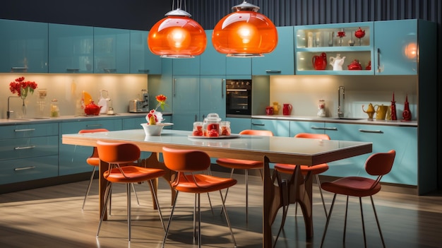 Photo retro kitchen with blue cabinets and orange accents