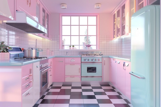 Retro kitchen with pastel appliances and checkerbo