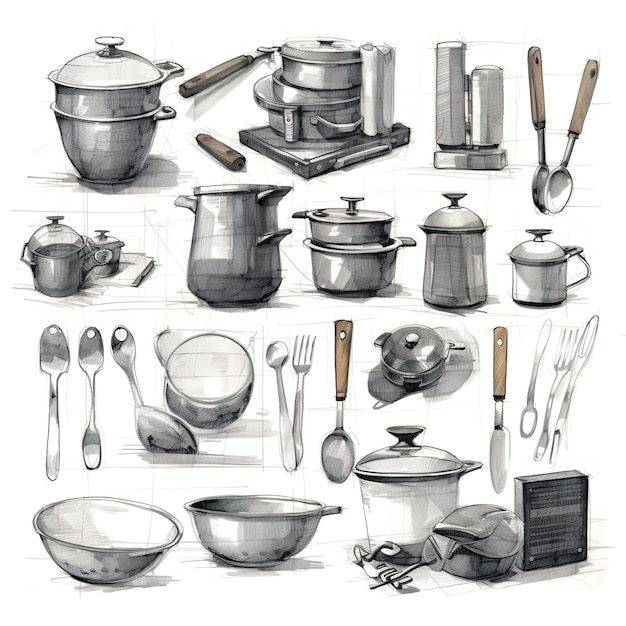 Retro kitchenware sketch drawing