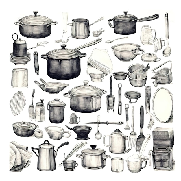 Retro kitchenware sketch drawing