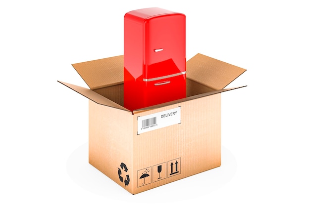 Retro koelkast in kartonnen doos levering concept 3D-rendering