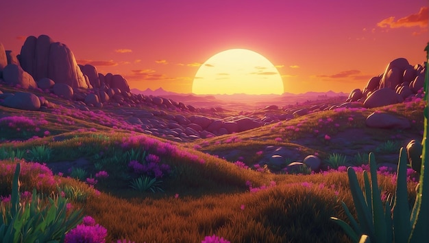 Foto paesaggio retro sullo sfondo tramonto paesaggio 3d