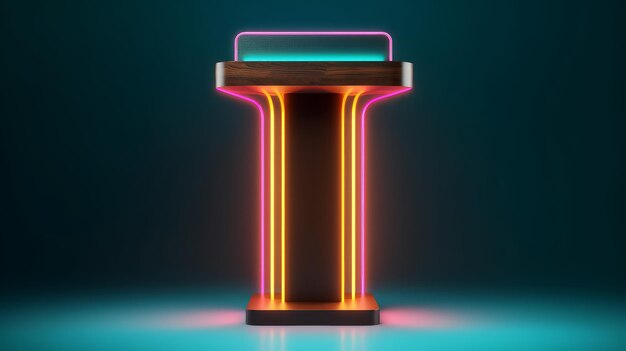 Retro lessenaarpodium met neonverlichting en een platte tafel Generative AI