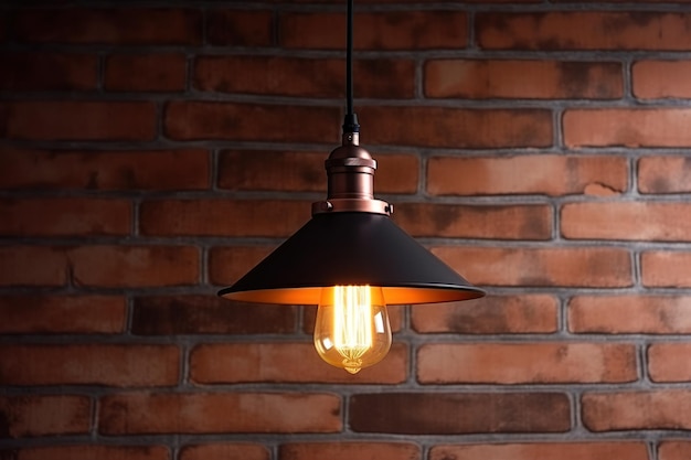 レトロな電球ランプとレンガの壁 Ai