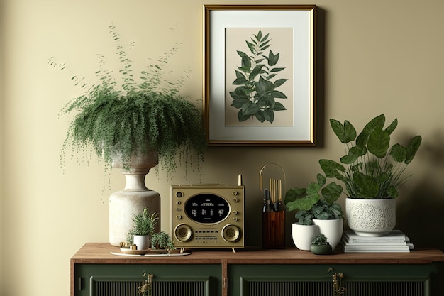 Retro living room decor featuring an antique radio numerous plants in green pots and a gold mock up picture frame on a beige wall minimalist design idea for the home Template