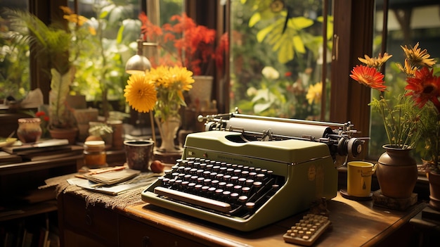 Retro Living Room Design With Old Television Cabinet And Radio Along With Work Area With Typewriter