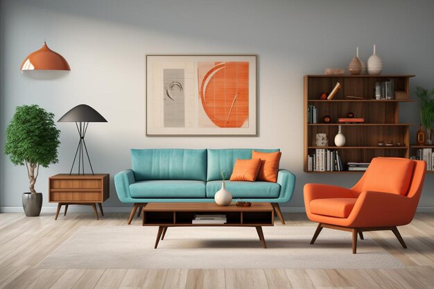 Retro living room interior design with a mid