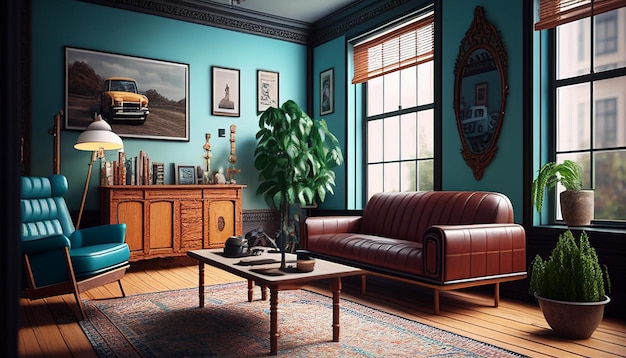 A retro living room with a couch coffee table and a mirror