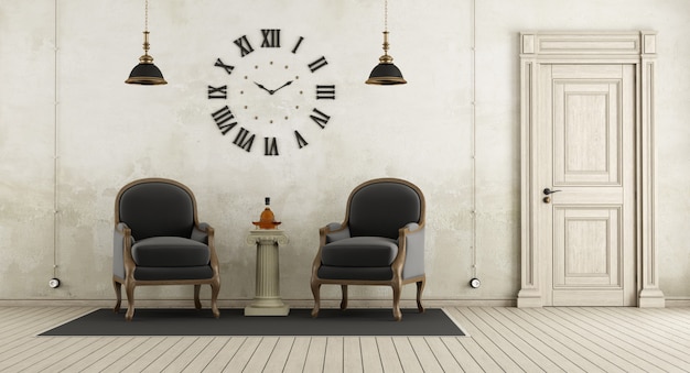 Retro living room with two black armchair
