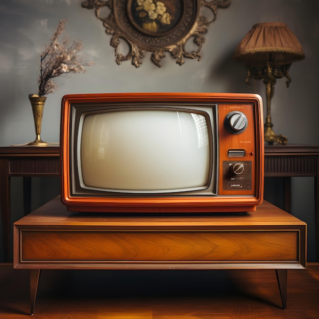 Retro Living Room with Wood Furniture and Old Television