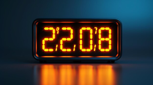 Photo a retro looking alarm clock with orange glowing numbers on a dark blue background the clock is sitting on a reflective surface