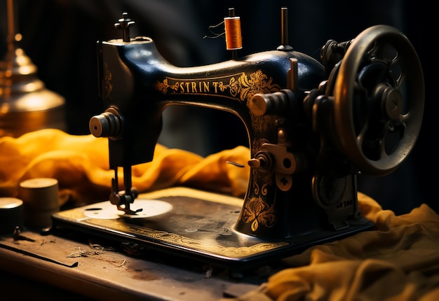 retro manual sewing machine Antique black and gold with pattern on it still life