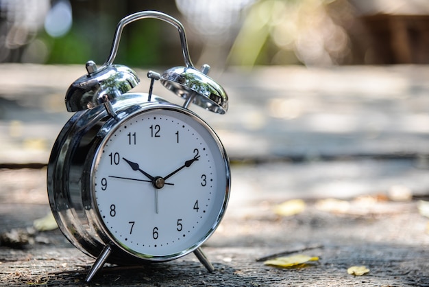 retro metal alarm clock on the rock with natural view background