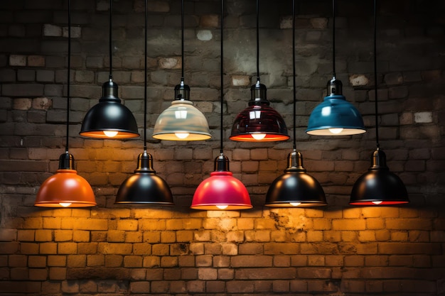 Retro Metal Hanging Lamps on Brick Wall with Dark Beige and Red Mood Lighting AI Generated