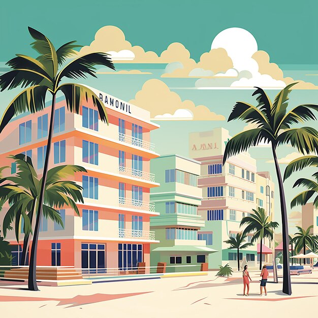 Photo retro miami beach sun sea and iconic buildings