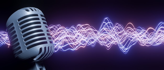 Retro microfoon op de voorgrond met lichtgevende rode en blauwe geluidsgolf op de achtergrond. 3d render