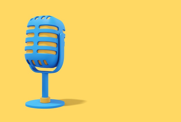 Retro microphone minimalist cartoon multicolored icon on yellow\
background with space for text 3d rendering