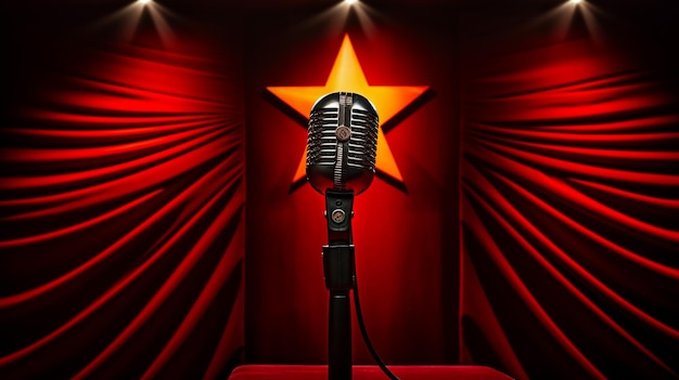 Photo retro microphone on stage in a pub or american barrestaurant during a night show