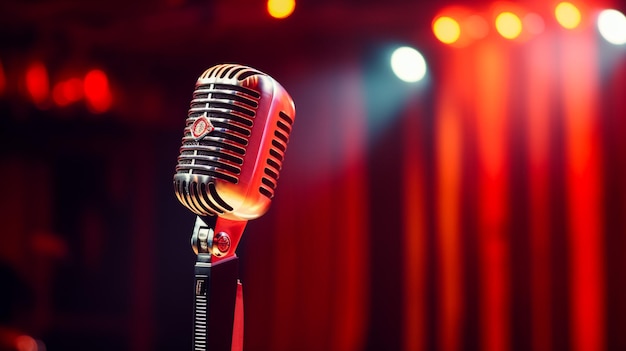 Retro microphone on stage in a pub or American Barrestaurant during a night show