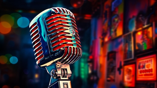 Retro microphone on stage in a pub or American Barrestaurant during a night show