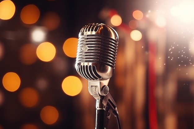 Retro microphone on stage with blur background