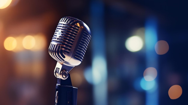 retro microphone on stage with blurry bokeh background