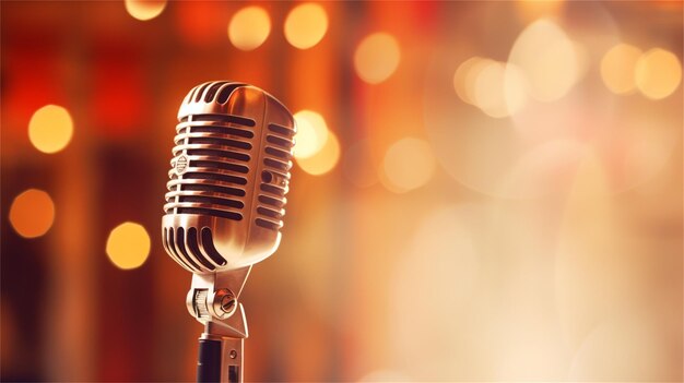 Retro microphone on stage with bokeh background 3d rendering