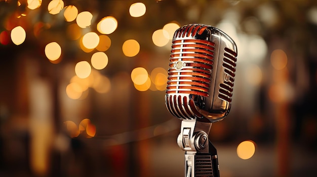 Retro Microphone On Stage With Bokeh Light closeup and place for text Defocused Abstract Background Generative AI