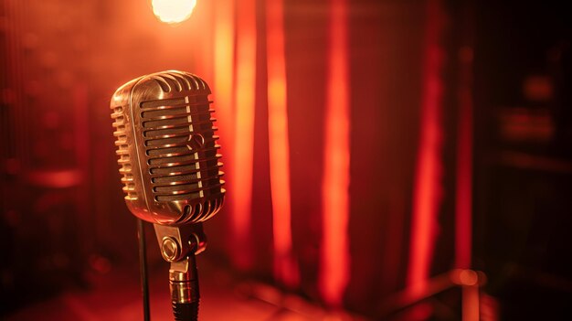 Retro microphone on stage with red curtains and spotlight