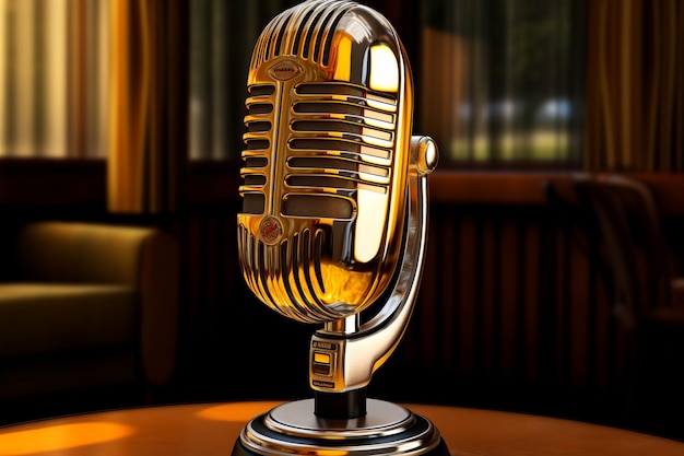 Retro microphone on a table with a blurry background