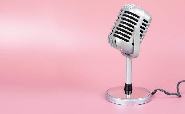 Retro microphone with copy space on pink background