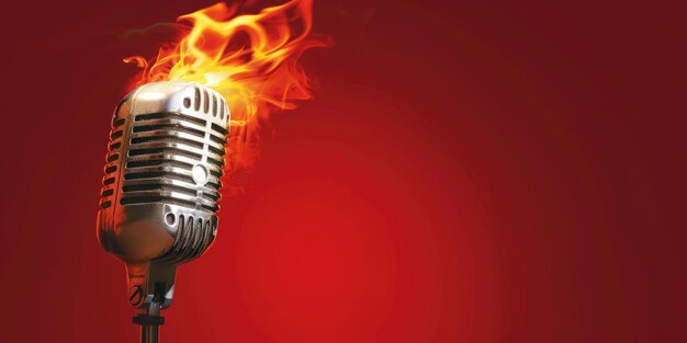 Photo retro microphone with fiery flames perfect for music industry projects