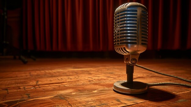 Retro microphone on a wooden stage with red curtain background