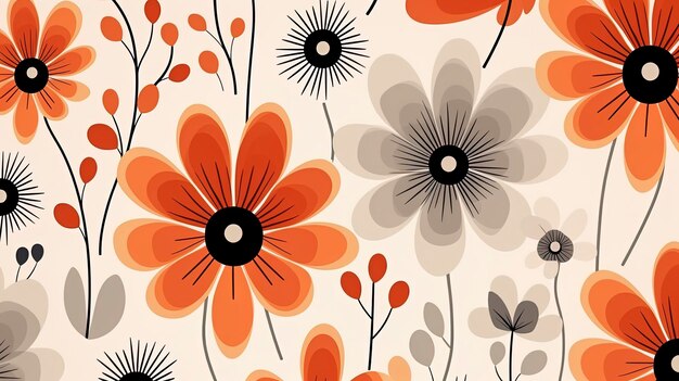 Retro mid century modern floral pattern with abstract flower shapes